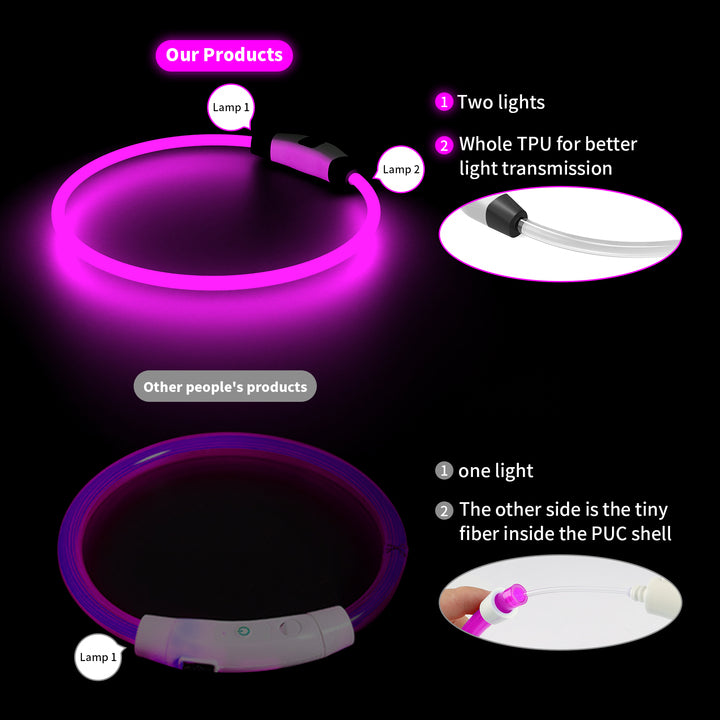 Tize New Waterproof Flashing Light up Dog Necklace USB Rechargeable LED Light up TPU Material Adjustable Pet Cat Dog Collar